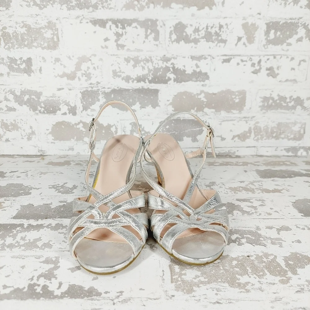 Talbots Women's Silver Genuine Leather Platform Strap Wedge Sandals V327